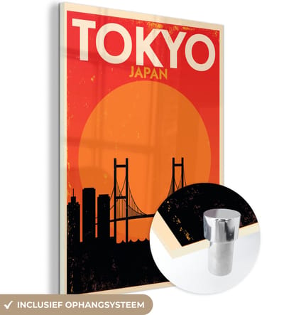 MuchoWow® Glasschilderij 30x40 cm - Schilderij acrylglas - Japan - Vintage - Brug - Illustratie - Foto op glas - Schilderijen