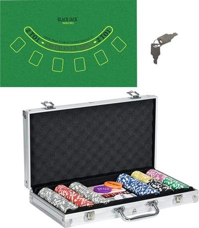 SPORTNOW Pokerset met Slot - 300 Pokerchips 11,5 Gram - 2 Pokerdecks - 5 Dobbelstenen - 1 Dealer Button - 1 Small Blind - 1 Big Blind - Zilver