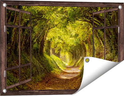 Gards Tuinposter Doorkijk Pad in het Bos met veel Bladeren - 60x40 cm - Tuindoek - Tuindecoratie - Wanddecoratie buiten - Tuinschilderij