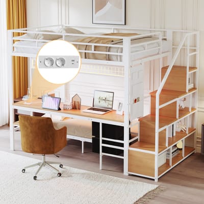 Metalen Hoogslaper - multifunctioneel bed met bureau - LED en stopcontact - open opbergruimte - stoffen lades - wit - bovenbed 140x200 cm - onderbed 90x200 cm