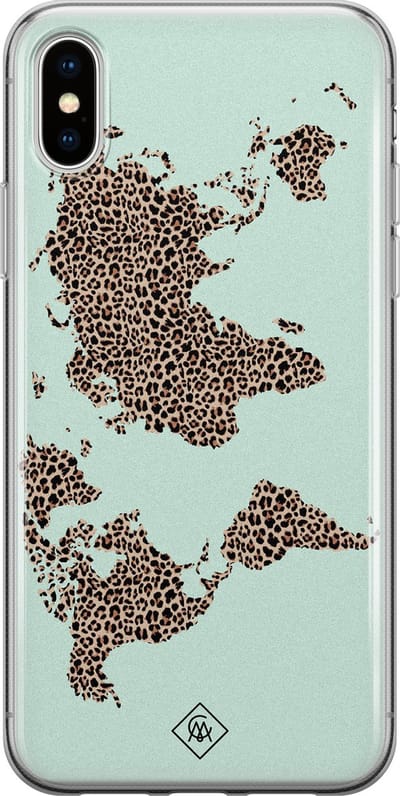 Casimoda® hoesje - Geschikt voor iPhone Xs - Wereldkaart blauw luipaard - Siliconen/TPU telefoonhoesje - Backcover - Natuur - Multi
