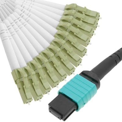 BeMatik - OM3 Multimode glasvezel fanout-kabel 50 µm / 125 µm MTP / PC op 12 x LC / PC 10 Gb 1 m