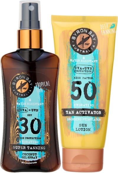 Byron Bay Super Tanning Oil SPF 30 travelsize + Tan Activator Sun Lotion SPF 50 travelsize - 2x 100ml