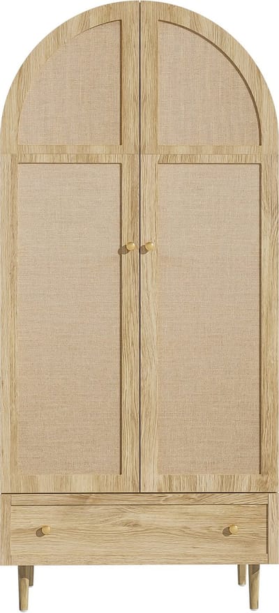 Kledingkast met Linnen Stof Deuren, Grote Opbergruimte met Opbergvakken, Scandinavisch Design, Eiken Look, Stabiele Houten Poten, Slaapkamer Meubilair
