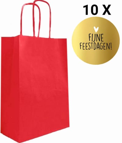 HGN Papieren Tasjes -Cadeautasjes-Cadeauzakjes-10 Stuks-Rood-Incl 10 Stickers twv 3,99-Fijne Feestdagen-Kerst tasjes-Gratis verzending-18+8x24 cm