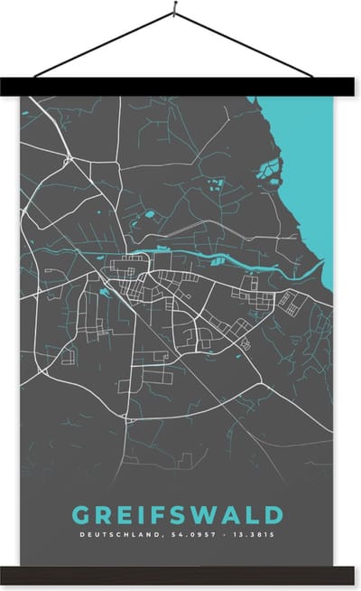 Posterhanger incl. Poster 40x60 cm - Schoolplaat - Stadskaart – Kaart – Greifswald – Blauw – Duitsland – Plattegrond - Textielposter - Zwarte latten - Stadskaart