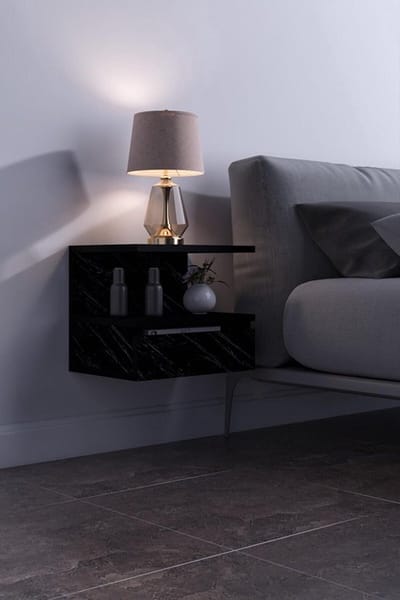 Flora 17-04 - Schuifwand Nachtkastje met Sectie/Verdeling - Met Beweegbare Hoes - Nachtkastje Zwevend - 40x34x31 cm - MDF Zwart en Marmer