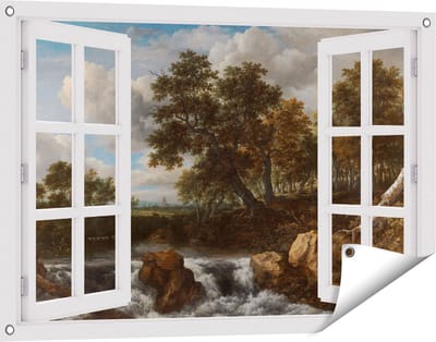 Gards Tuinposter Doorkijk Landschap met Waterval - Jacob van Ruisdael - 90x60 cm - Tuindoek - Tuindecoratie - Wanddecoratie buiten - Tuinschilderij