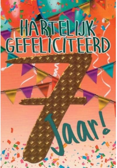 Gefeliciteerd! Je bent 7 jaar geworden! Een feestelijke kaart met slingers en ballonnen. En niet te vergeten de confetti. Een leuke kaart om zo te geven of om bij een cadeau te voegen. Een dubbele wenskaart inclusief envelop en in folie verpakt.