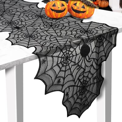halloween -halloween decoratie- tafelkleed- Halloween tafelkleed - Zwart kant spinnenweb tafelkleed - Voor Halloween decoraties/feesttafeldecoraties - Spinnenweb open haard（zwart spinnenweb-33*183cm）