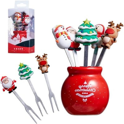 Kerstfruitvork met Roestvrijstalen en Siliconen Handvat, Perfect voor Dessert, Fruit en IJs met Kerstthema