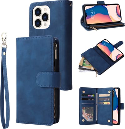 YPCd Wallet Case Pasjeshouder met Rits – Geschikt voor Apple iPhone 14 Pro – Luxe Bookcase Hoesje met 6 Pasjesvakken & Polsbandje – Blauw