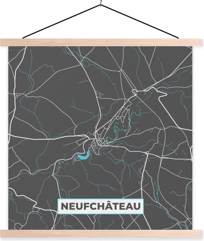 Posterhanger incl. Poster 40x40 cm - Schoolplaat - Kaart – Plattegrond – Stadskaart – Neufchâteau – België - Grijs - Textielposter - Blanke latten - Stadskaart