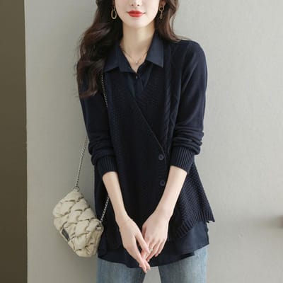 Herfst losse overhemdkraag trui nep tweedelige blouse dames lente herfst trui One size