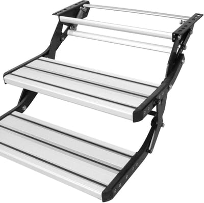 CORE RV Opstap - Monteerbaar Camper trapje - Caravan trapje -Zelf te monteren - Draagvermogen 200kg / 440lbs - Ingeklapt 55.7x38x22.5cm - 55x74.8x33.2cmm - Zwart en Grijs