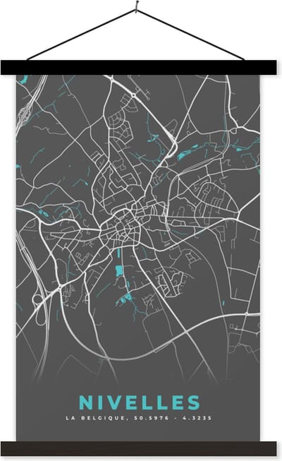 Posterhanger incl. Poster 40x60 cm - Schoolplaat - Stadskaart – Grijs - Kaart – Nivelles – België – Plattegrond - Textielposter - Zwarte latten - Stadskaart