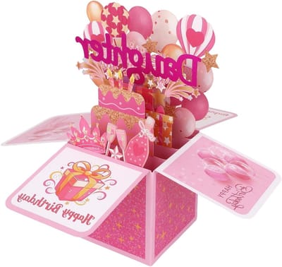 Persoonlijke 3D Verjaardagskaart voor Dochter met Kleurrijke Taart en Ballonnen, Uniek Popup Cadeau met Envelop voor Verjaardag van Stiefdochter of Schoondochter