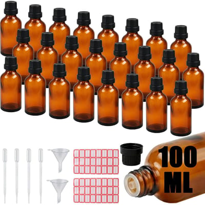 Dailygoods- Druppelfles 100 ml - Set van 24 Stuks - Bruine Glazen Flessen - Inclusief Pipetten/Trechters/Etiketten - Apothekerfles - Ideaal voor Etherische Oliën - Pipetfles