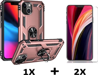 HB Hoesje Geschikt voor Apple iPhone 13 - Rosegoud / 2X Glazen Screenprotector - Anti-Shock Hybrid Armor Back Cover - Hoes met Kickstand Ring