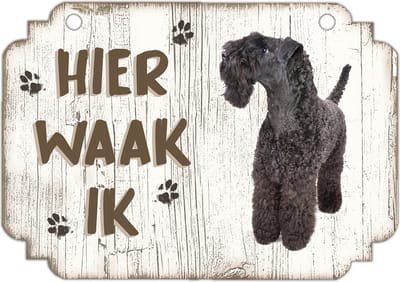 Hier Waak Ik: Kerry Blue Terriër | Waakbord | Spreukenbord | Hondenras | Hond | Betreden op eigen risico | Pas Op Voor De Hond | Deurbordjes | Bewaker Van Dit Huis