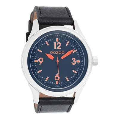 OOZOO Timepieces - Zilverkleurige horloge met zwarte leren band - C7479