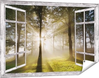 Gards Tuinposter Doorkijk Zon tussen de Bomen - 120x80 cm - Tuindoek - Tuindecoratie - Wanddecoratie buiten - Tuinschilderij