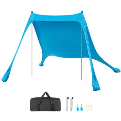 VEVOR strandtent met zonbescherming (UPF 50+), 2,3 x 2,3 x 2 m, strandtent met steunpalen en zandschepjes, draagbare zonnescherm voor gezinsuitjes, kamperen, vissen, blauw