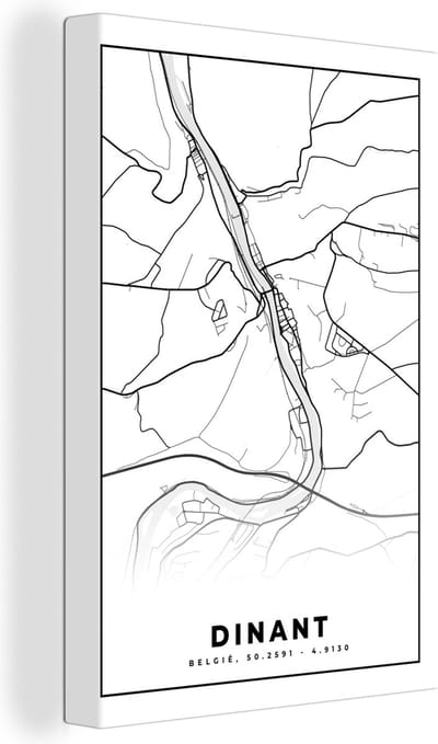 Canvas Schilderij Zwart Wit – België – Plattegrond – Stadskaart – Kaart – Dinant - 20x30 cm - Wanddecoratie