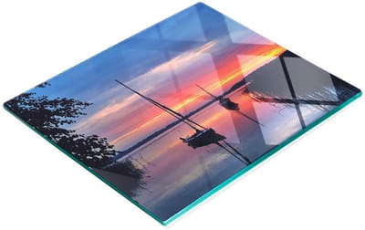 Decoratieve snijplank van gehard glas met zeilboot en zonmotief, 60x52 cm
