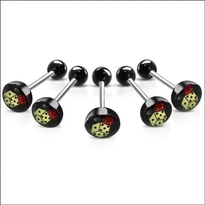 Aramat Jewels | Tongpiercings | Stalen tongpiercing met acryl logo | Dobbelstenen | |7mm | Staal | Volwassenen | Verkleurd niet