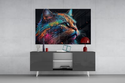 Glasschilderij - Kleurrijke Kat - Wanddecoratie - 72x46 cm