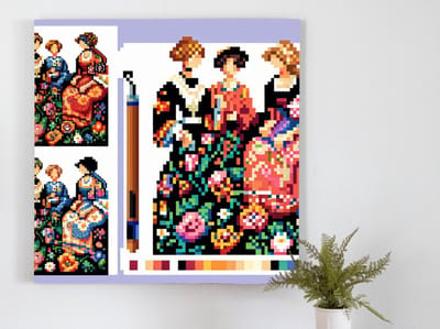 Pixel art dikke dames schilderij | Dikke dames dansen in gekleurde pixel chaos, een unieke kunst | Kunst - 40x40 centimeter op Canvas | Foto op Canvas