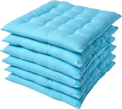 Homescapes stoelkussens – set van 6 zitkussens – katoen – 40x40 cm – lichtblauw – met lint – voor eetkamer & buitengebruik