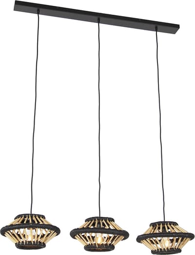 QAZQA evalin - Oosterse Hanglamp eettafel voor boven de eettafel | in eetkamer - 3 lichts - L 100 cm - Zwart - Woonkamer | Slaapkamer | Keuken