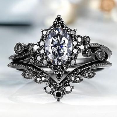 Bagues Exquises de Couleur Noire avec Fleurs Ovales Rondes pour Femmes Ensemble de Bagues en Pierre Noire Bijoux Cadeau de Fête 11 gray