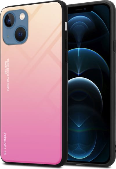 Cadorabo Hoesje geschikt voor Apple iPhone 13 in GEEL - ROZE - Tweekleurige beschermhoes van TPU-silicone Case Cover en achterzijde van gehard glas