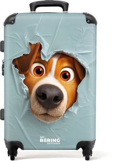NoBoringSuitcases.com® - Kinderkoffer - Kindertrolley jongen en meisje - Bruine hond door gescheurd blauw plastic - Koffer kind groot - Rolkoffer lichtgewicht - Reiskoffer met 4 wielen - Grote trolley XL - 20 kg bagage