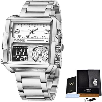 LIGE Topmerk Luxe Herenhorloges Vierkant Digitaal Sport Waterdicht Heren Quartz Polshorloge zilver