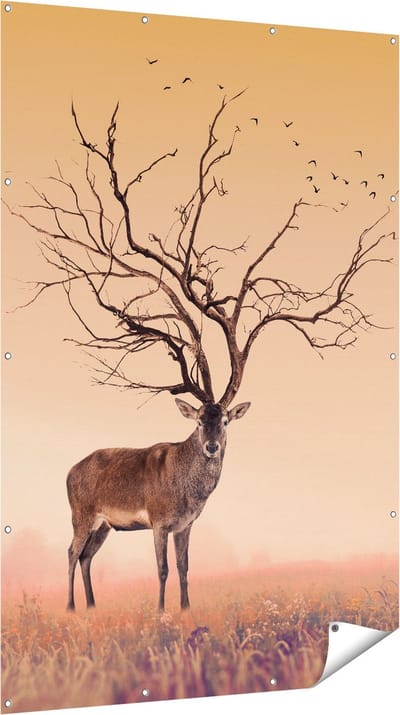 Gards Tuinposter Hert met een Bomen Gewei - 120x180 cm - Tuindoek - Tuindecoratie - Wanddecoratie buiten - Tuinschilderij