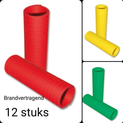 12 stuks Serpentine BRANDVERTRAGEND, Rood-Geel- Groen, Carnaval, Themafeest, Papier