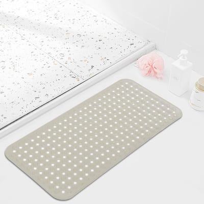 Antislip Badmat 40 x 88 cm met Afvoergaten en Zuignappen - Schimmelbestendige Vloermat voor Badkamer en Cabin, Khaki Kleur