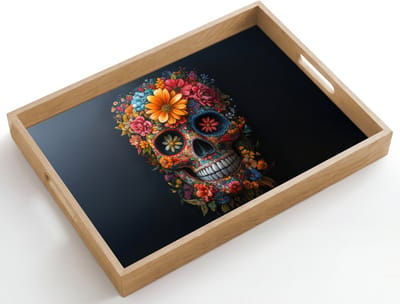 Dienblad hout 50x35 cm - Schootdienblad - Bloemen - Kleurrijk - Schedel - Borrelplank rechthoek - Plateau dienbladen