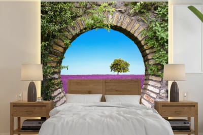 Behang - Fotobehang Lavendel - Doorkijk - Bloemen - Zomer - Breedte 350 cm x hoogte 350 cm