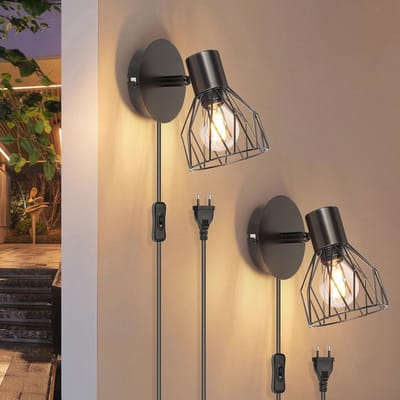 Wandlamp met Schakelaar en Stekker - Zwart, Draaibaar, E14 Wandspot voor Slaapkamer en Woonkamer