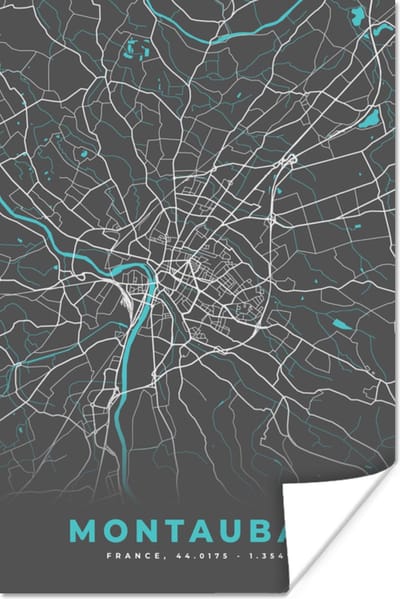 Poster Montauban - Frankrijk - Plattegrond - Kaart - Stadskaart - 120x180 cm XXL