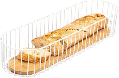 Lange Draadmand met Bamboe Bodem - Broodmand, Fruitschaal voor Keuken en Tafel (Wit)