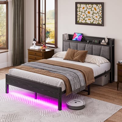 MODFU Bedframe 140x190 cm – zwart MDF/metaal – met LED, USB en stopcontact – hoog gestoffeerd hoofdbord