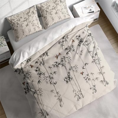 Japans Bamboe Vogels Dekbedovertrek Set met Kussenslopen, Chinees Botanisch Bloemen Natuur Dekbedovertrek, Eenpersoons Tweepersoons Volledig Queen King AU Double 180x210cm