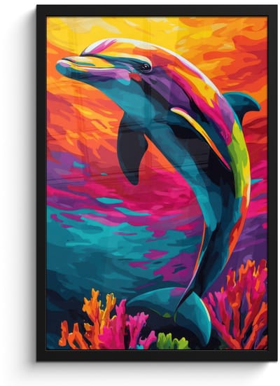 Poster in lijst - Fotolijst 40x60 cm - Posters - Dolfijn - Kleurrijk - Oceaan - Koraal - Posterlijst zwart - Decoratie - Wanddecoratie woonkamer - Muurdecoratie slaapkamer
