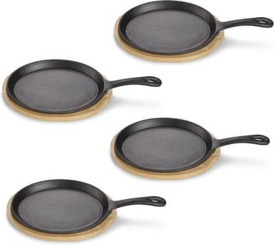 Gietijzeren Serveerpan met Serveerschaal - Mini Grillpan Geschikt voor Inductie en Oven - 4-delige Set